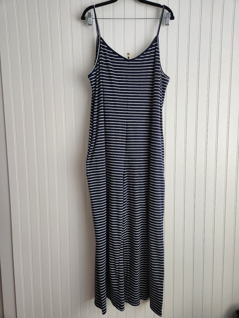 SIMPLE SUZANNE BETRO Navy Blue Striped Cotton Blend Wide Leg Jumpsuit XL